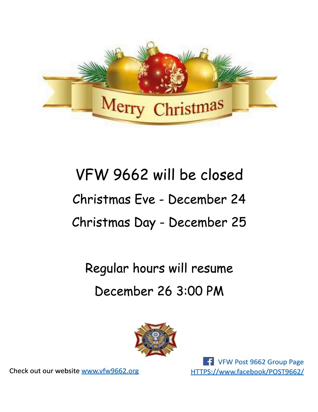 CLOSED CHRISTMAS EVE & CHRISTMAS DAY